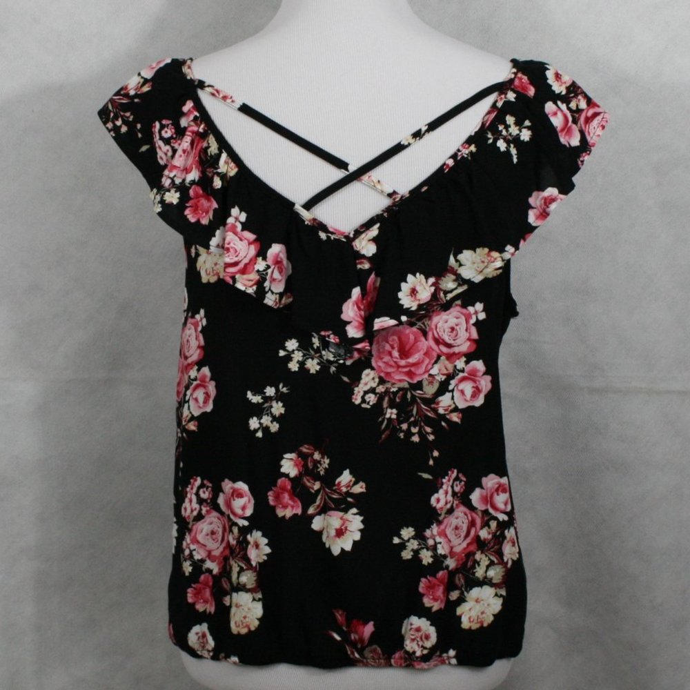 No Boundaries Multi Color Floral Rayon Blouse w/ Ruffle Collar Trim SZ M EUC - Picture 4 of 8